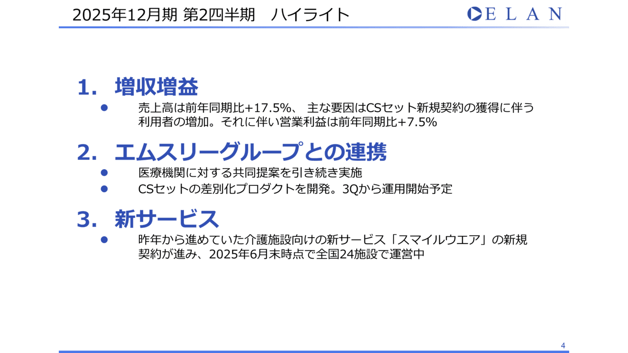 【QAあり】エラン、売上高は前年比+17.5％、営業利益は+7.5％　「CSセット」新規契約先の増加およびベトナム子会社の貢献が奏功