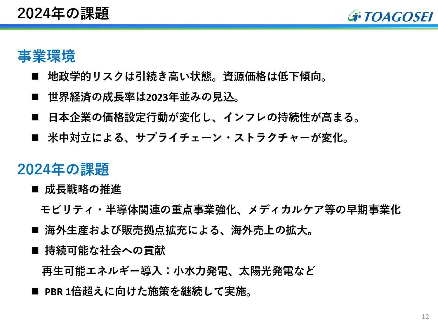 【QAあり】東亞合成、モビリティ・半導体関連の強化、メディカルケアの早期事業化等に注力、2024年は増収・営業増益計画