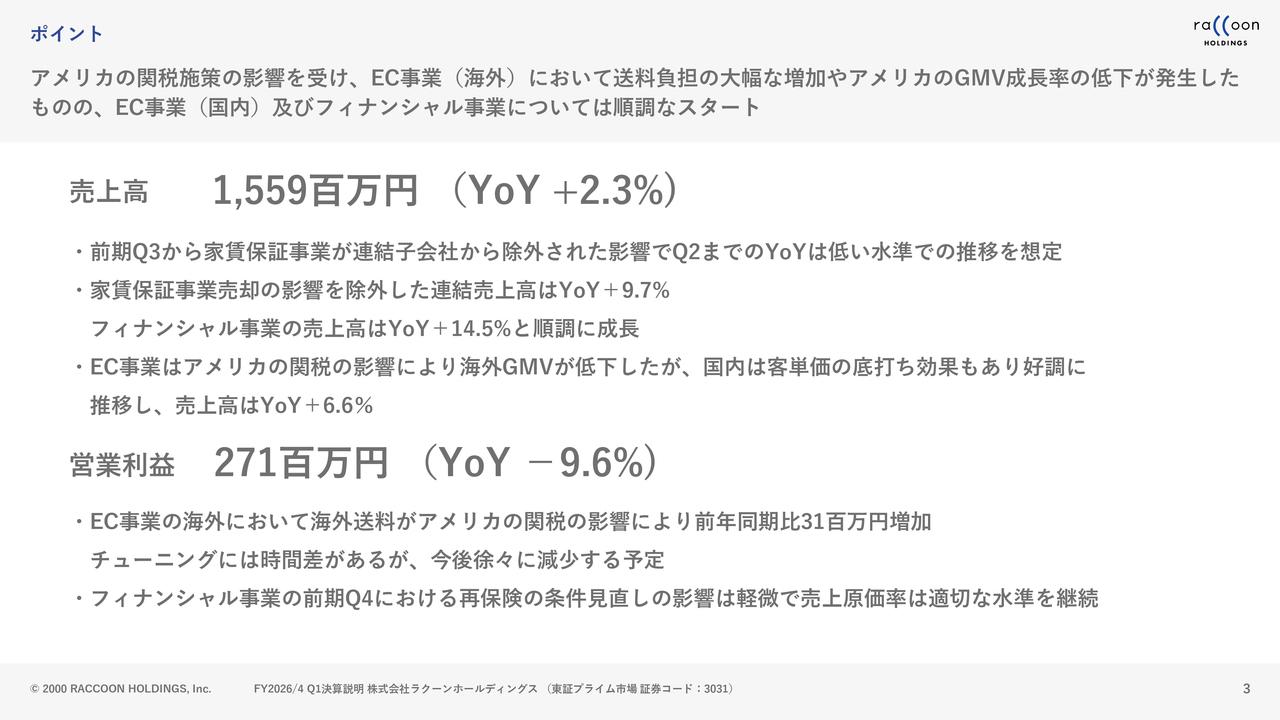 【QAあり】ラクーンHD、フィナンシャル事業単体成長率YoY＋14.5％と順調　EC事業は国内客単価底打ちで売上高YoY＋6.6％