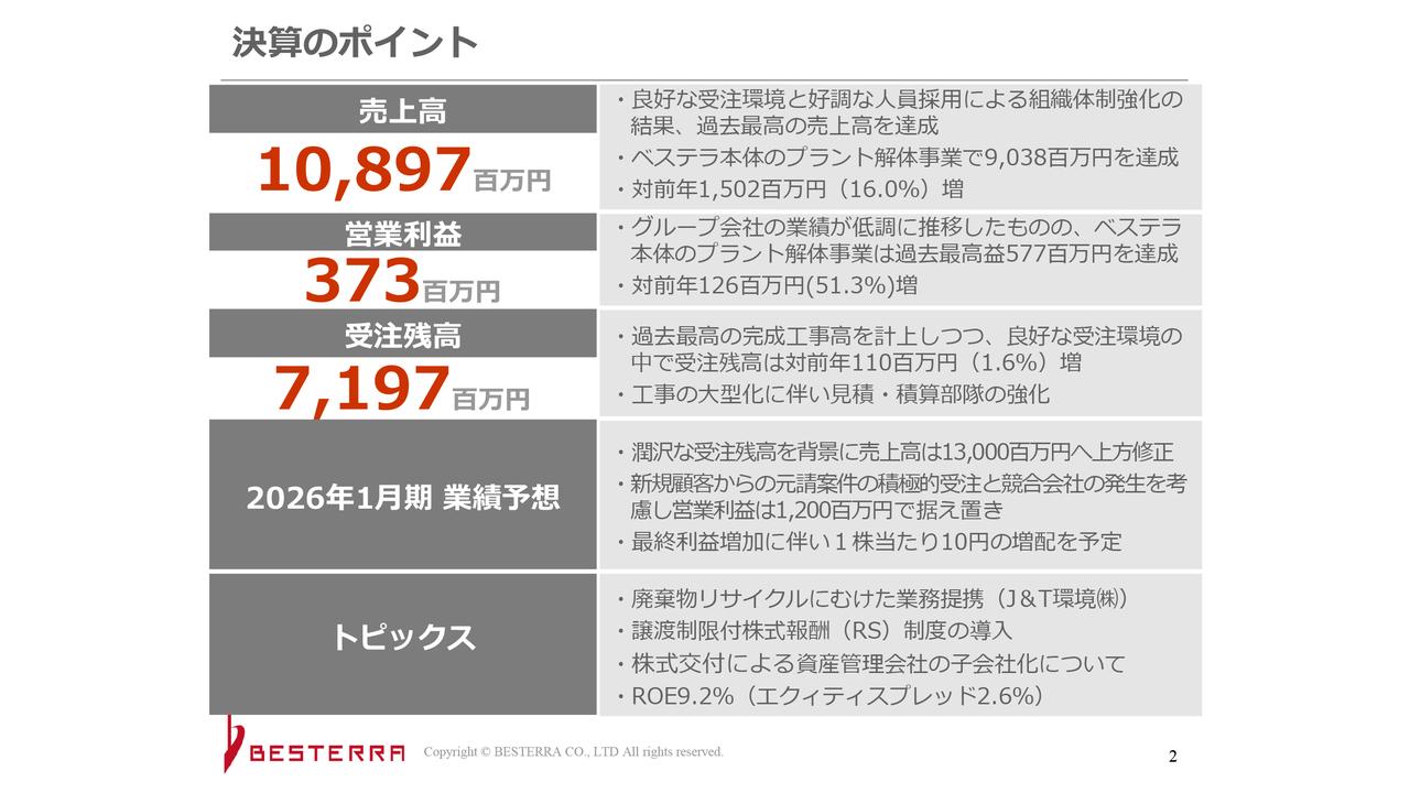 【QAあり】ベステラ、売上高は過去最高を更新、プラント解体事業が好調　潤沢な受注残高を背景に2026年1月期売上高を上方修正