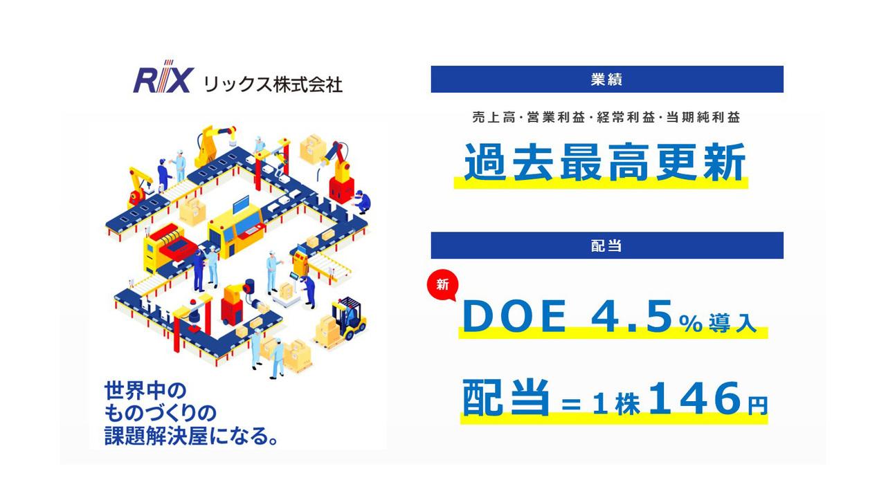 リックス、配当方針にDOE4.5％を導入　2025年度は増収増益予想で配当金は146円に増配