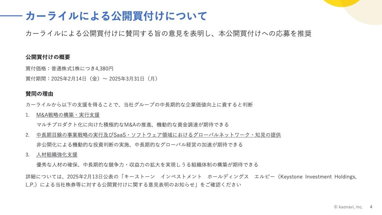 カオナビ、カーライルによるTOBを公表　中長期的な視野での成長投資を実施し、企業価値向上を目指す
