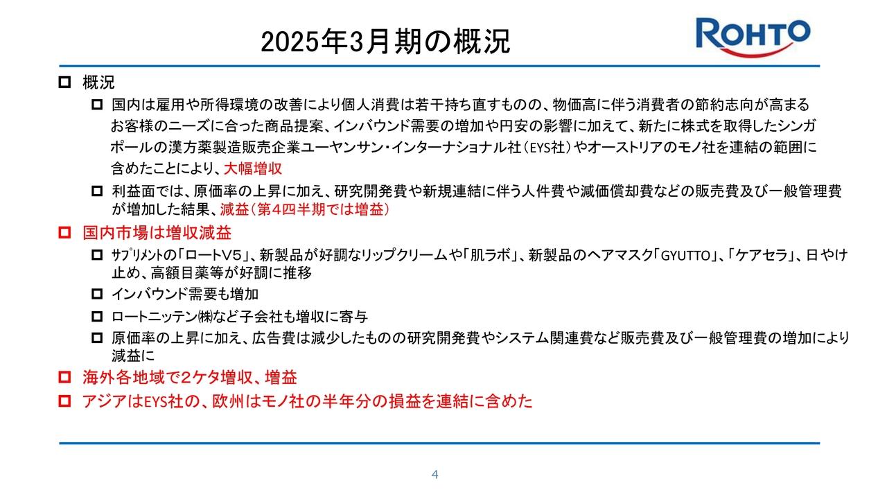 ロート製薬、通期は前年比2桁増収を達成、インバウンド需要やEu Yan Sang社・モノ社の業績が寄与　海外売上比率拡大へ